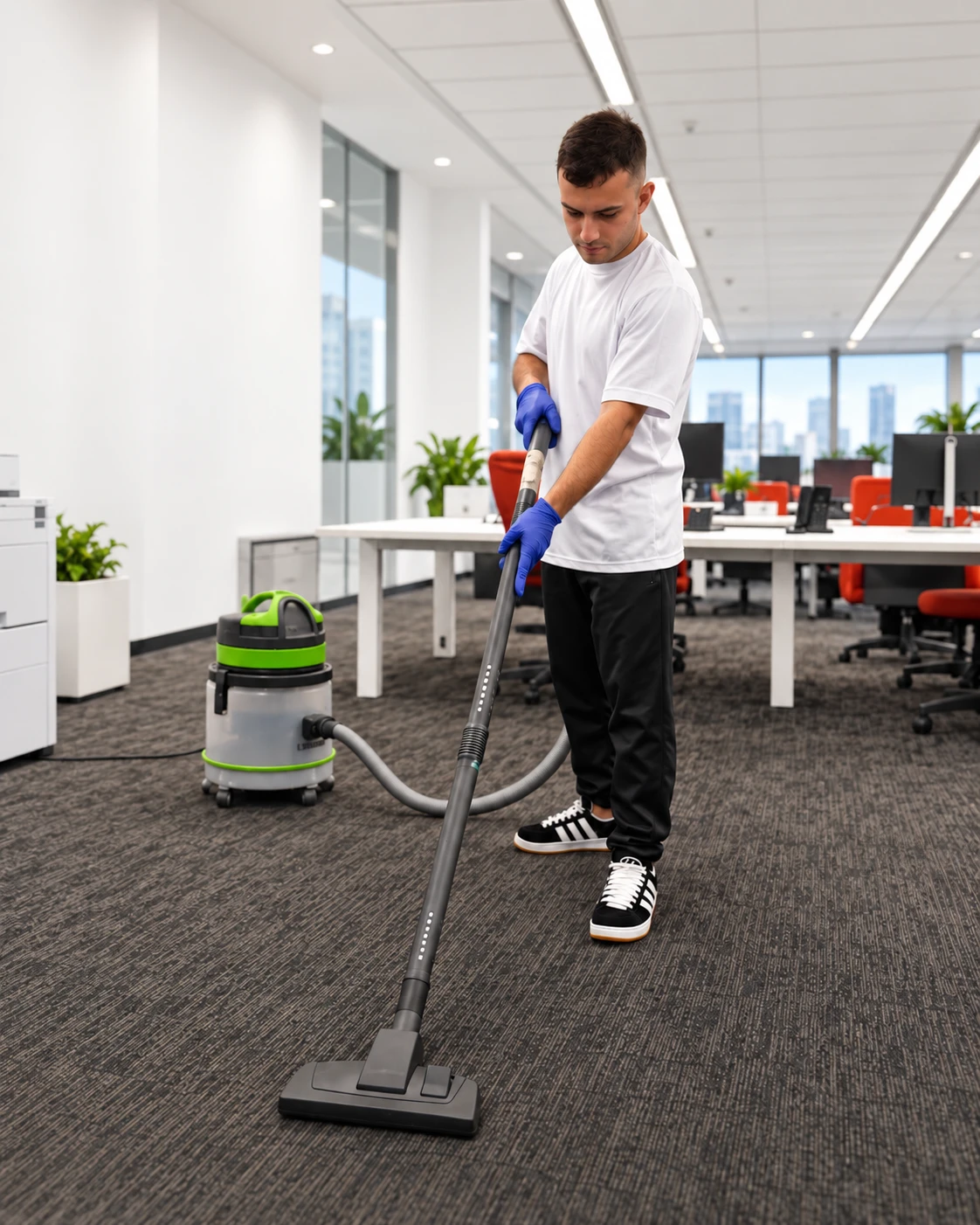 Técnico realizando aspiração em ambiente corporativo