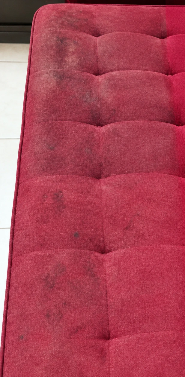 Veludo vermelho antes da higienização, com manchas